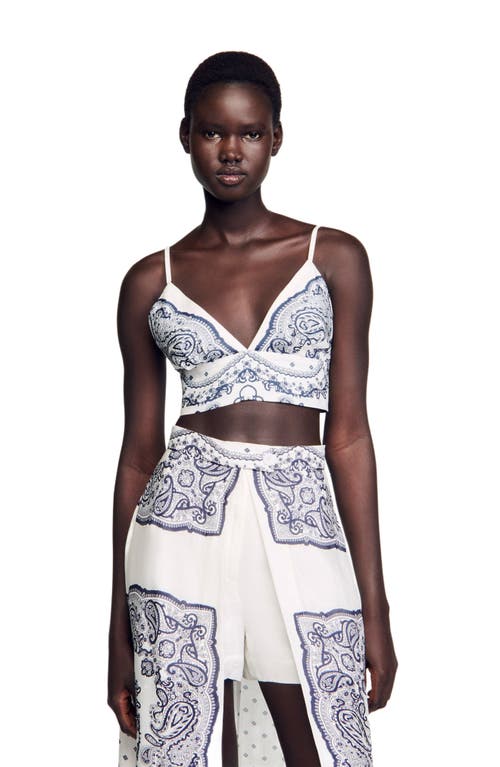 Sandro Womens Naturels Bandana-print V-neck Cropped Linen-blend Crop Top In Blue