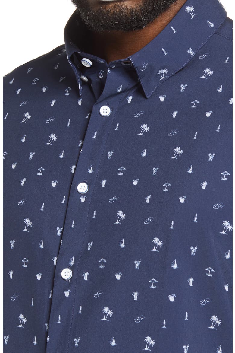 Leeward Trim Fit Short Sleeve Button-Up Performance Shirt, Alternate, color, NAVY WHITE BEACH PRINT