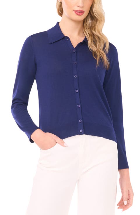 Collared Cotton Blend Cardigan