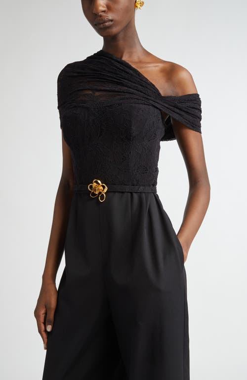 Shop Oscar De La Renta One Shoulder Mixed Media Jumpsuit In Black