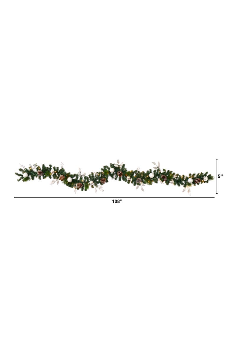 NEARLY NATURAL 9-ft Ornament and Pinecone Artificial Christmas Garland with 50 Clear LED Lights, Alternate, color, Green