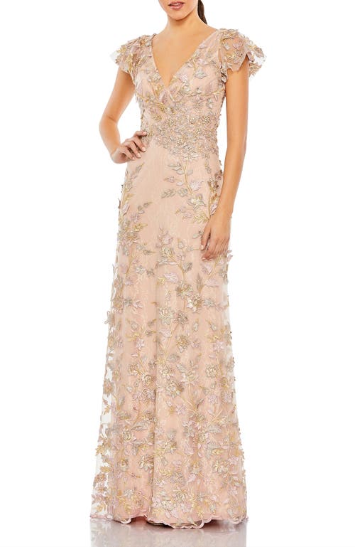 Mac Duggal Embroidered Applique Wrap Over Flutter Sleeve Gown In Rose Gold