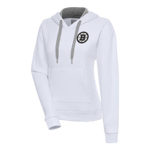 Women's Antigua  White Boston Bruins Metallic Logo Victory Pullover Hoodie