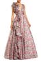 Floral Print Ballgown with Ruffle Shoulder and Plunging V-Neck