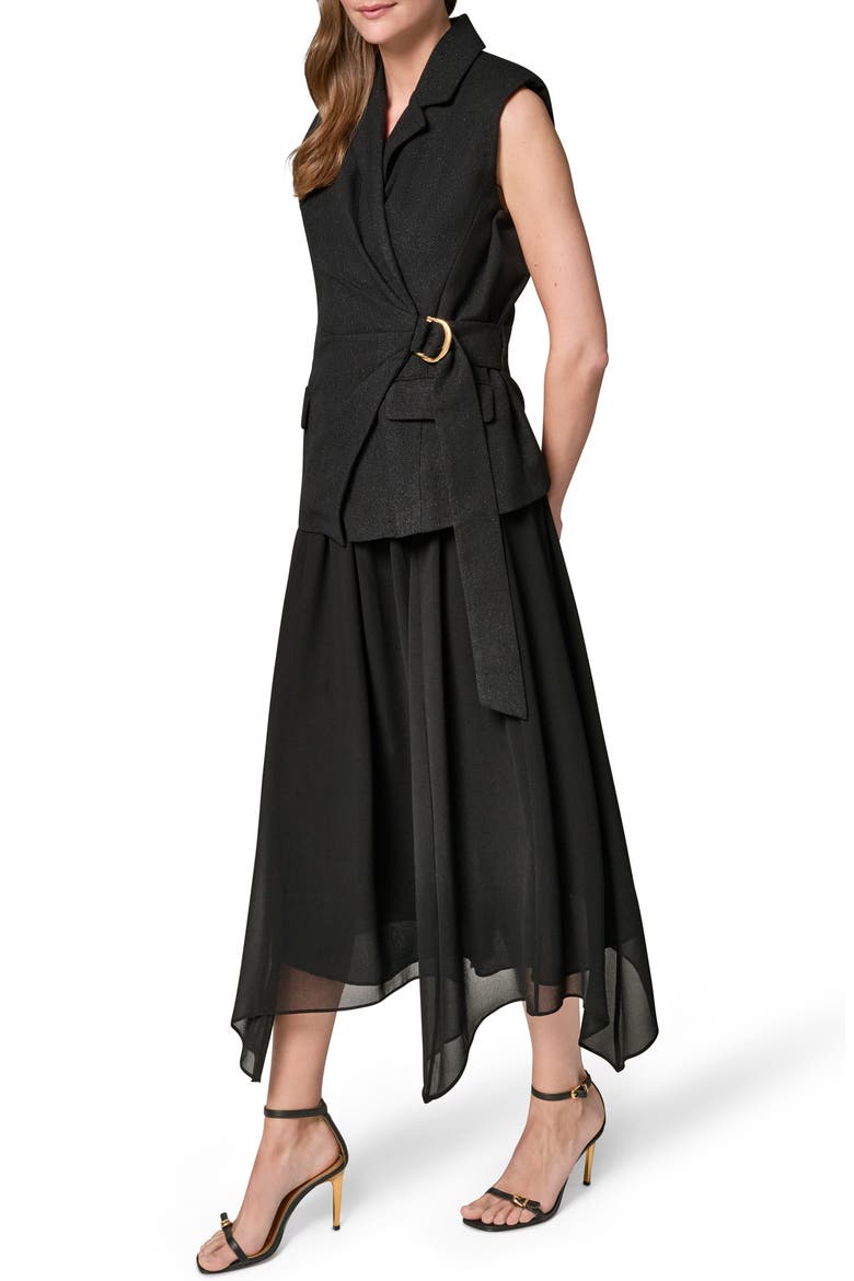 Mixed Media Belted Handkerchief Hem Midi Dress, Alternate, color, BLACK