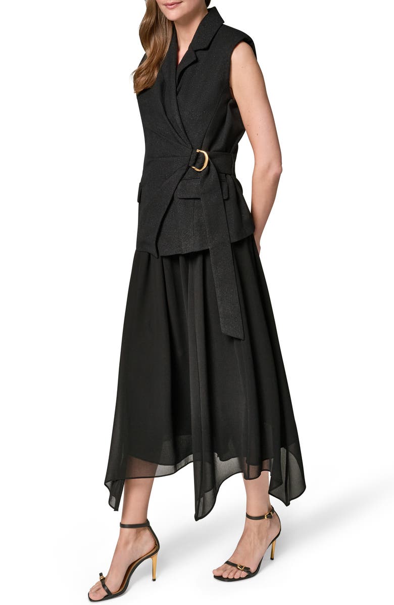 Donna Karan New York Mixed Media Belted Handkerchief Hem Midi Dress, Alternate, color, Black