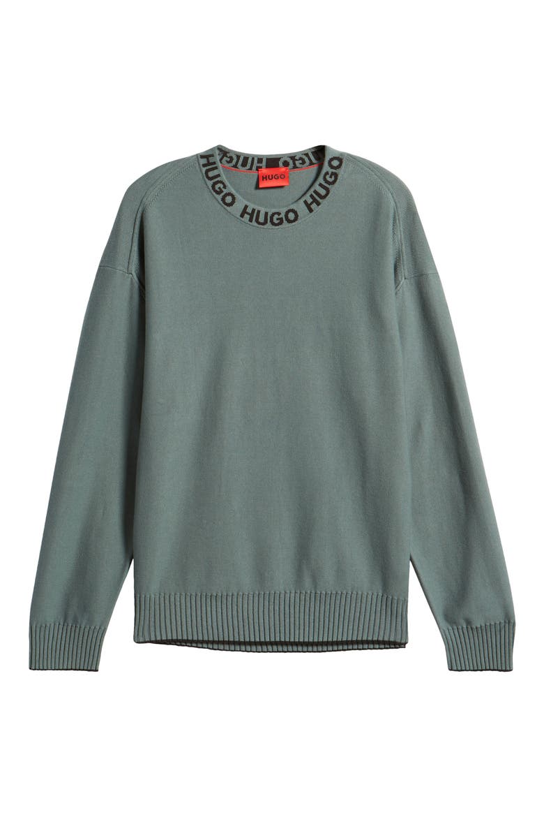 Smarlo Oversize Logo Collar Crewneck Sweater, Alternate, color, DARK GREEN