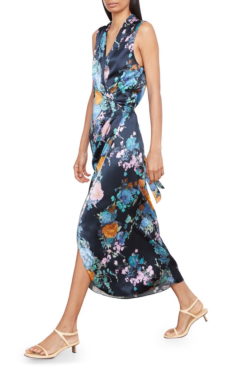 Vince Painted Bouquet Sleeveless Satin Wrap Dress, Alternate, color, Coastal