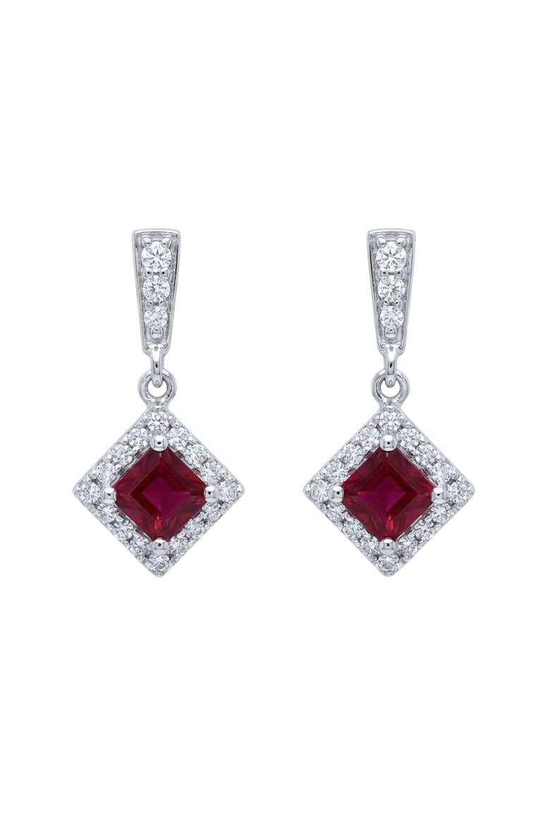 Princess-Cut Ruby & Diamond Drop Earrings, Main, color, Burgundy