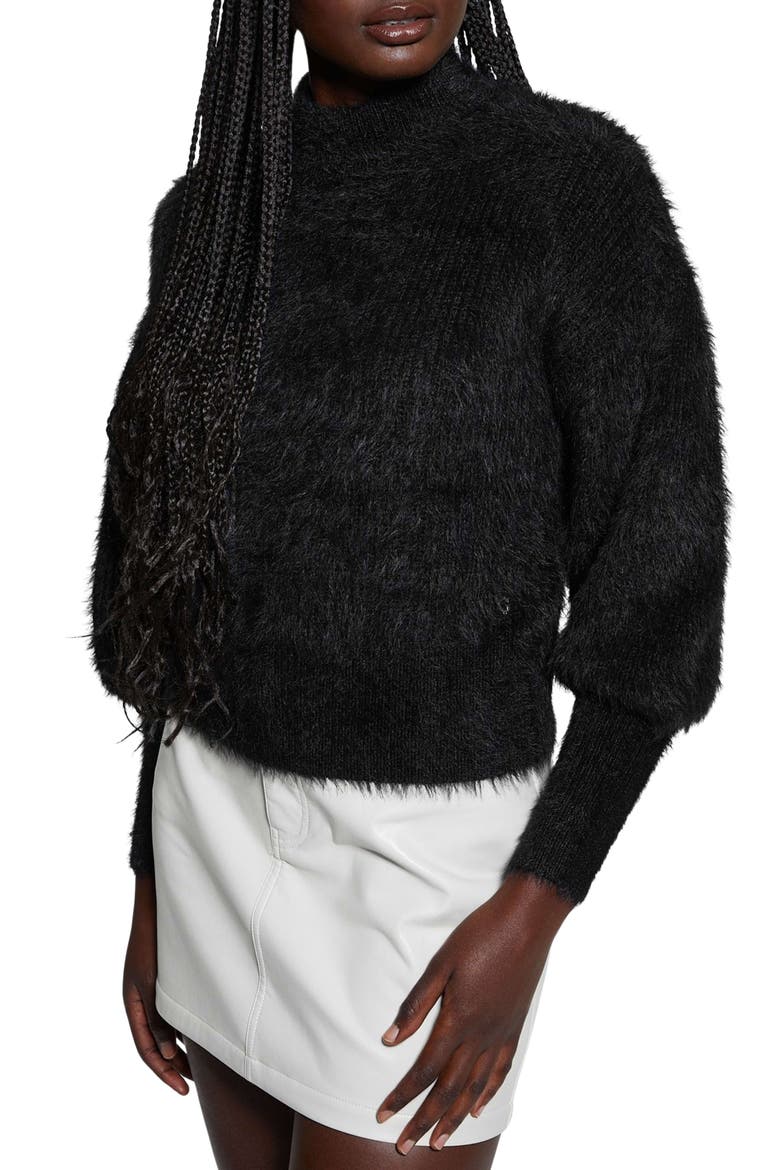 Keyla Fuzzy Bishop Sleeve Sweater, Alternate, color, JET BLACK