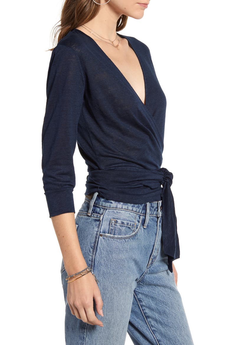 Linen Knit Wrap Top, Alternate, color, NAVY NIGHT