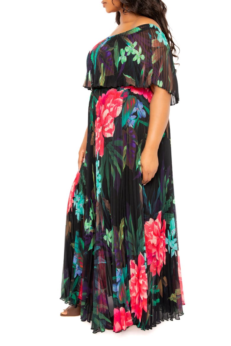 Floral Pleated Off the Shoulder Maxi Dress, Alternate, color, BLACK MULTI