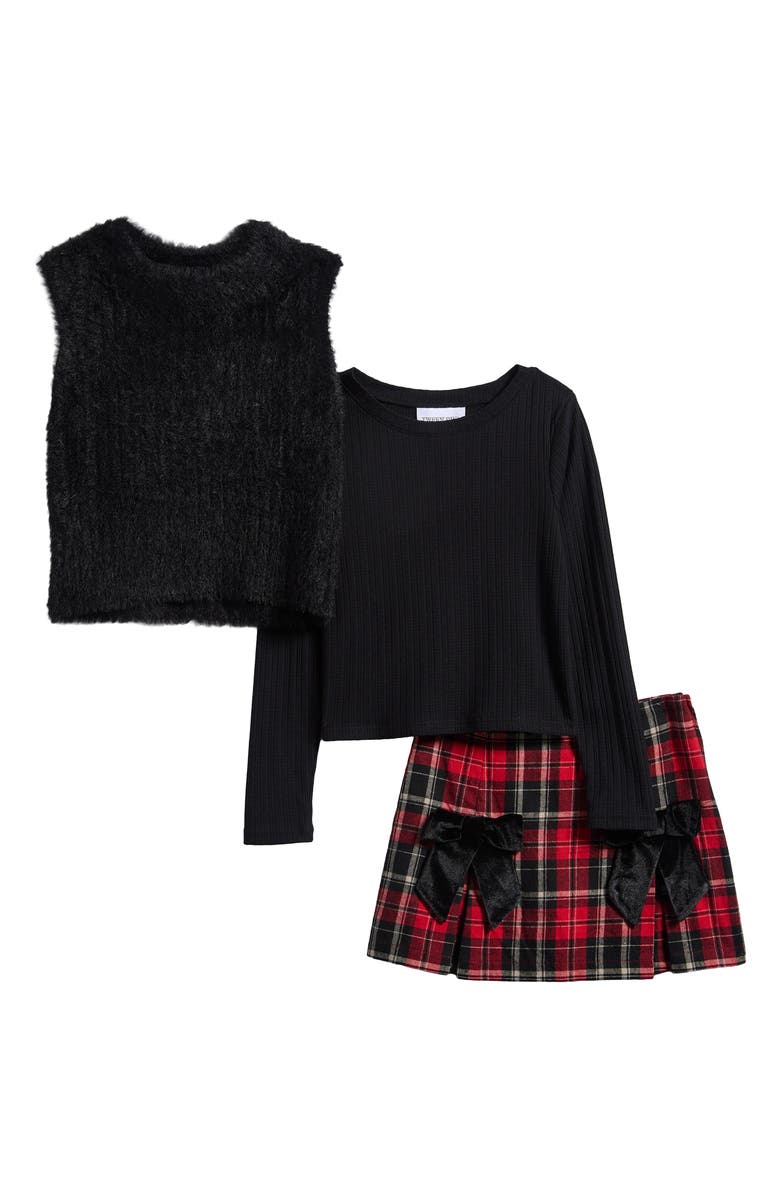 Tween Diva Kids' Eyelash Sweater Vest, Ribbed T-Shirt Plaid Skirt Set, Main, color, Black