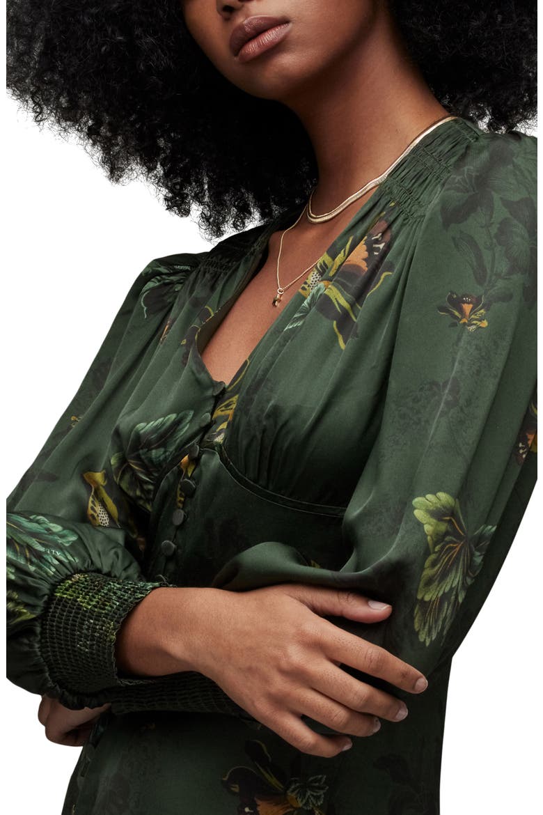 Auden Lilly Floral Long Sleeve Satin Minidress, Alternate, color, FOREST GREEN