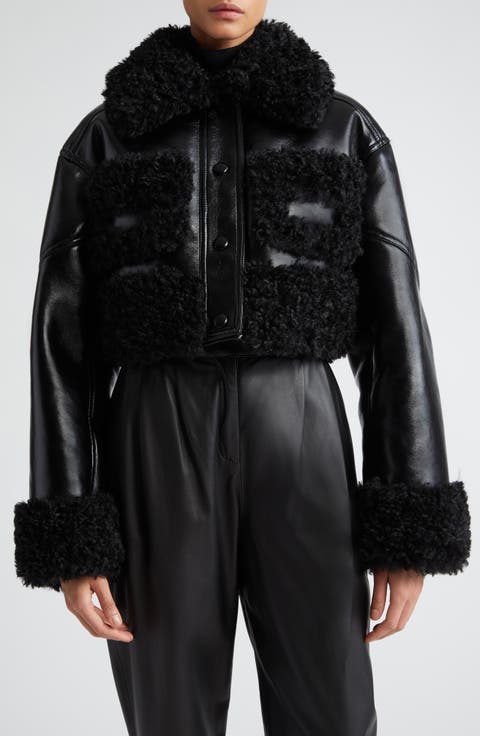 Fleur Faux Shearling Trim Crop Faux Leather Jacket