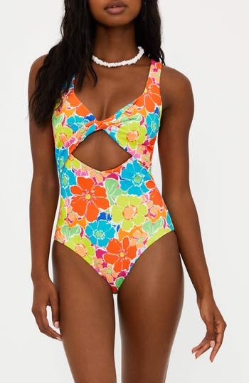 Shop Beach Riot Tyler Cutout One-piece Swimsuit In Neon Blooms Waffle