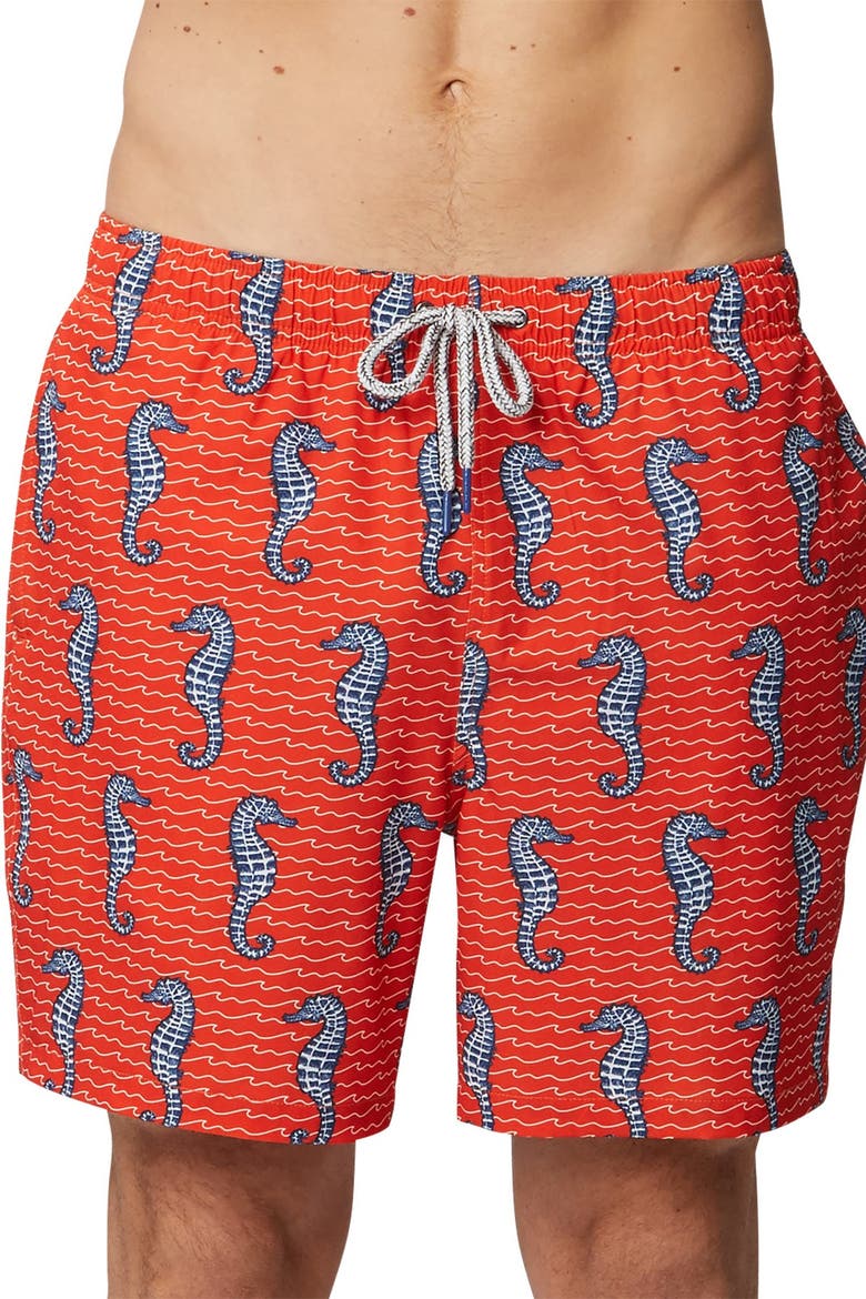 Curled Tails Seahorse Stretch Swim Trunks, Main, color, SPICY ORANGE