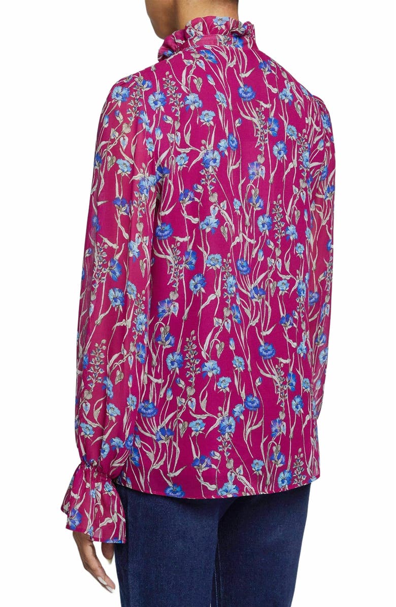 Santorelli CHELSEA Long Sleeve Ruffle Neck Blouse in Floral Printed Georgette, Alternate, color, Dark Magenta