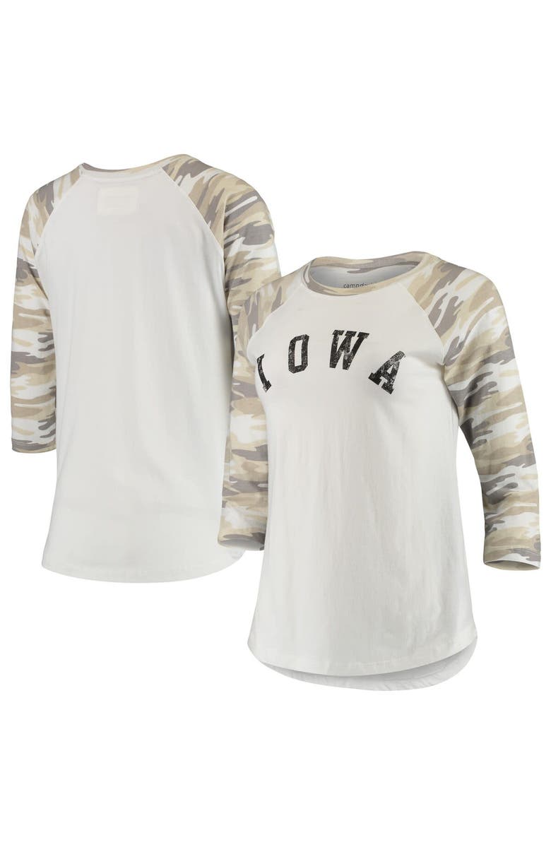 CAMP DAVID Women's White/Camo Iowa Hawkeyes Boyfriend Baseball Raglan 3/4-Sleeve T-Shirt, Main, color, White