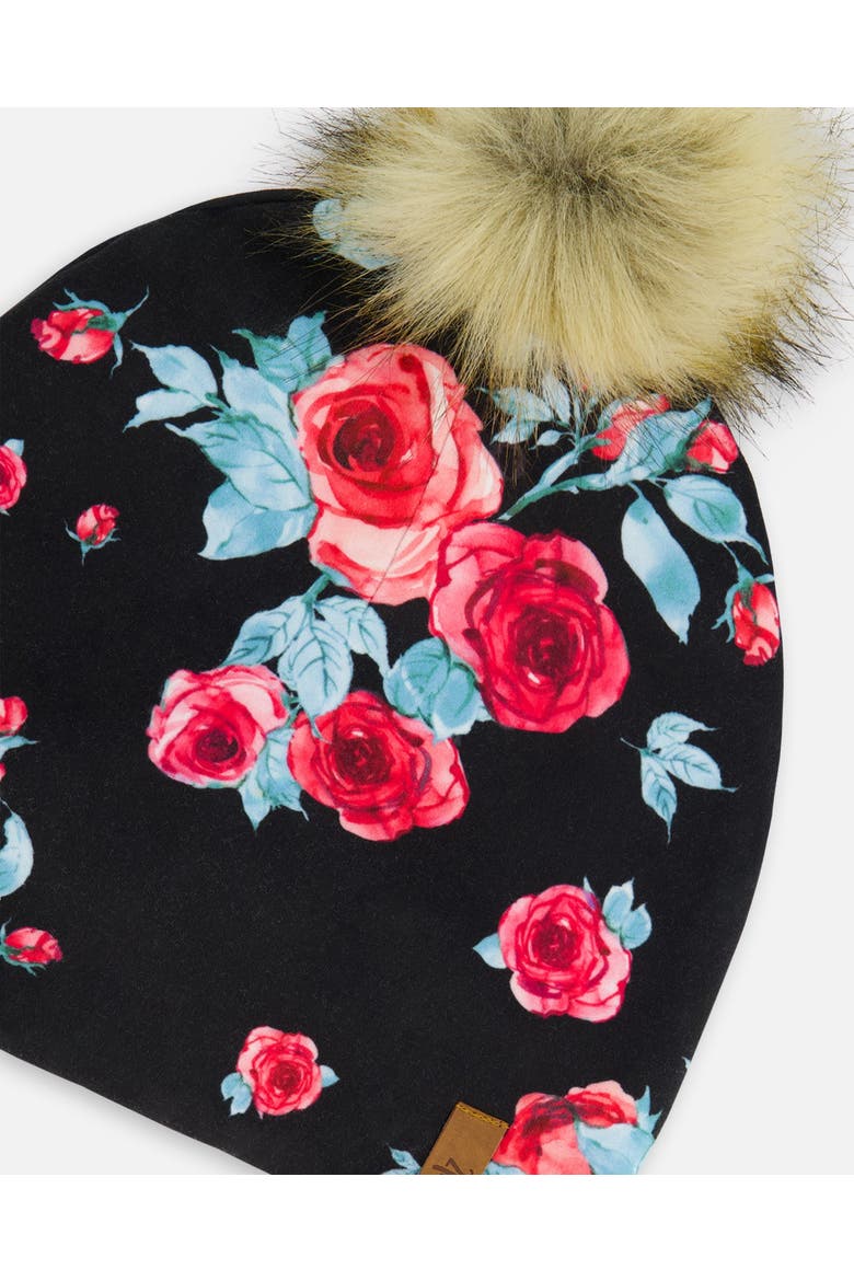 Baby Girl's Mid-Season Jersey Detachable Pompom Hat Black Printed Roses, Alternate, color, Printed Roses