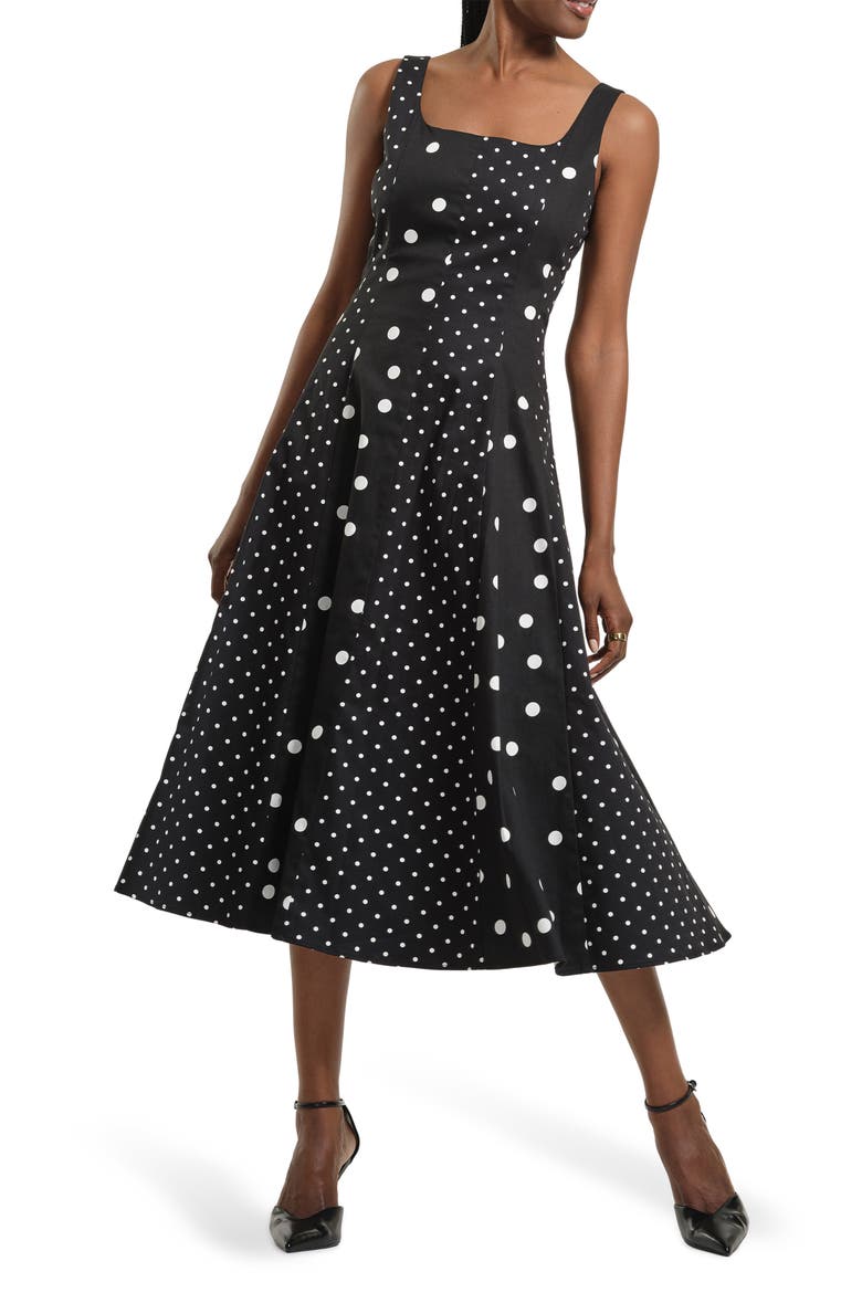 Seamed Stretch Cotton Midi Dress, Main, color, BLACK WHITE DOT