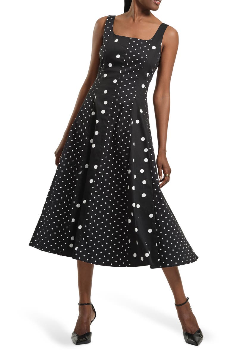 Isaac Mizrahi New York Seamed Stretch Cotton Midi Dress, Main, color, Black White Dot