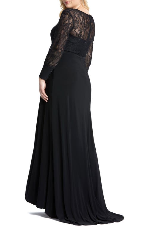 Mac Duggal Plus Size Lace Bodice & Jersey Long-sleeve Wrap Gown W/ Slit In Black