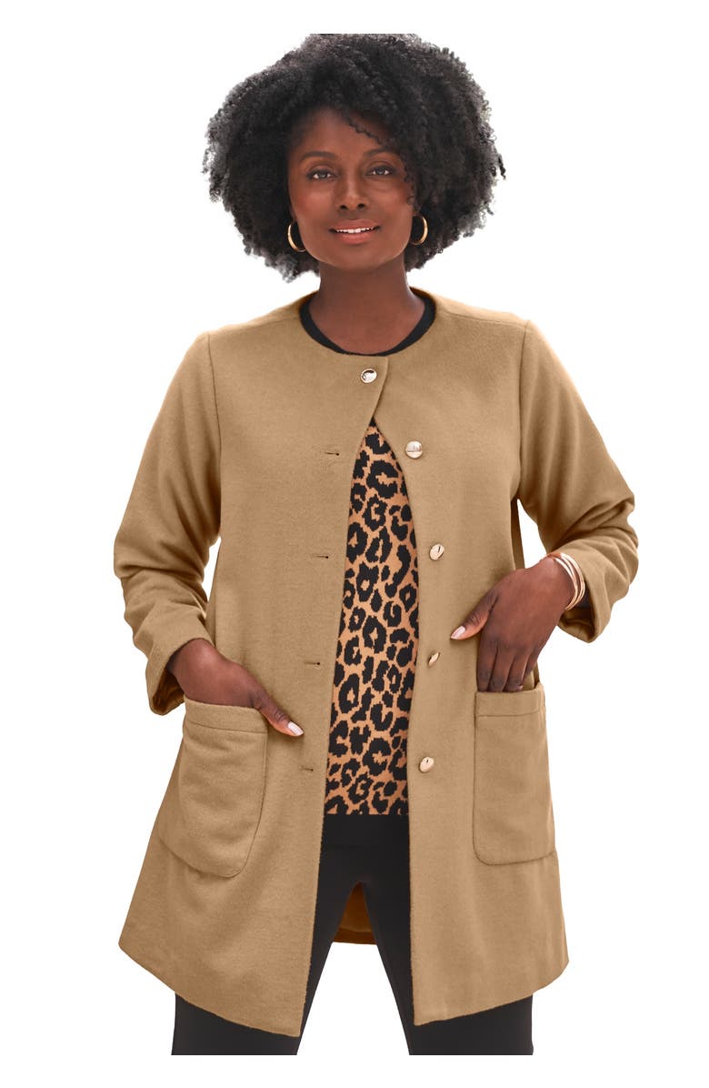 Jessica London Collarless Button Front Coat, Main, color, Soft Camel