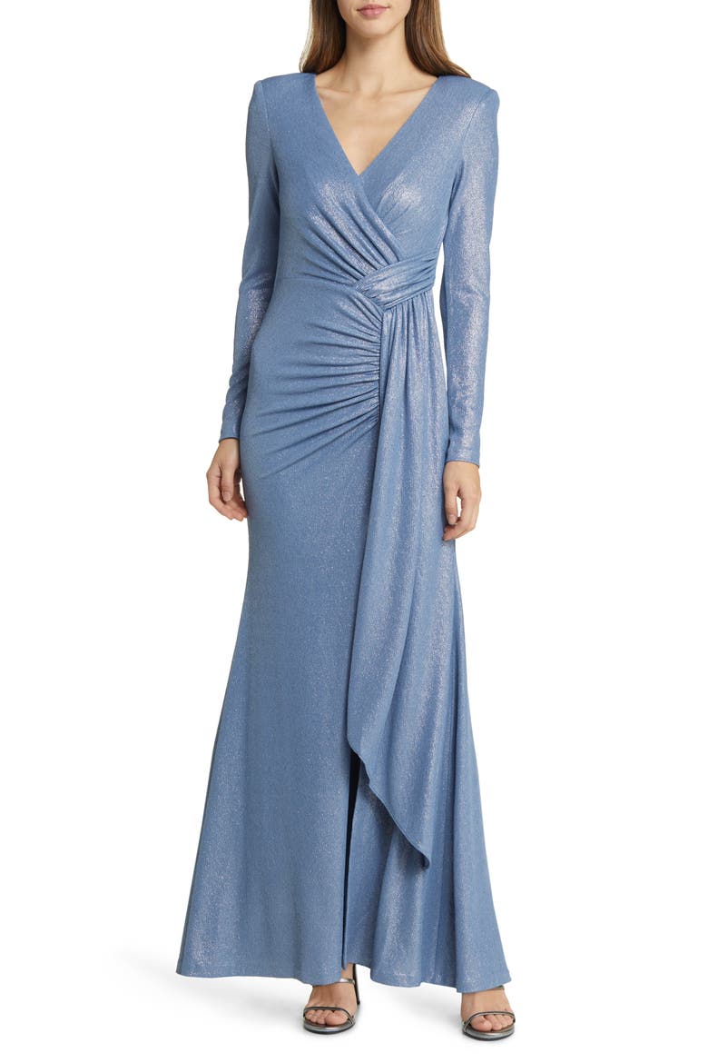 Ruched Metallic Side Drape Long Sleeve Gown, Main, color, BLUE