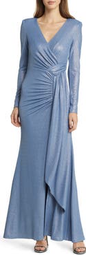 Vince Camuto Ruched Metallic Side Drape Long Sleeve Gown