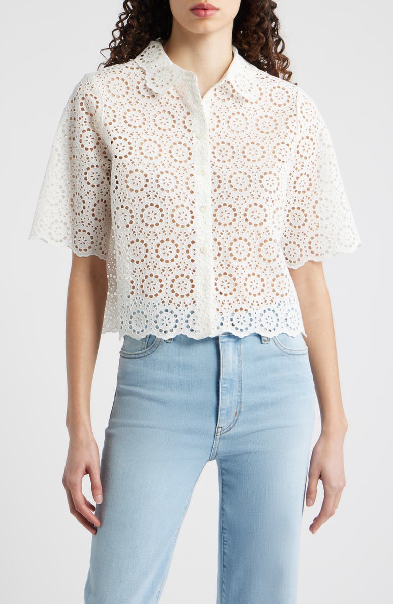 FRAME The Petal Eyelet Crop Shirt, Main, color, White