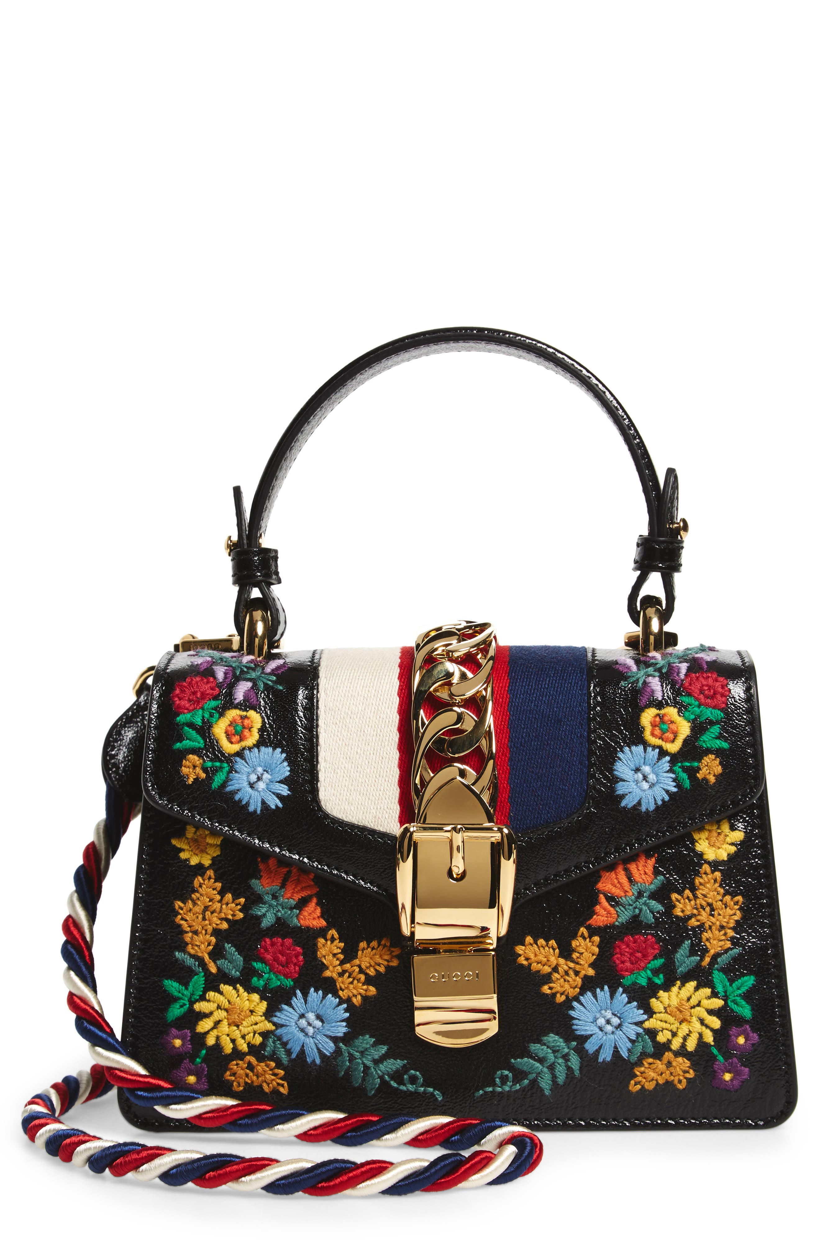 Gucci Mini Sylvie Flower Embroidery Leather Shoulder Bag, Main, color, 