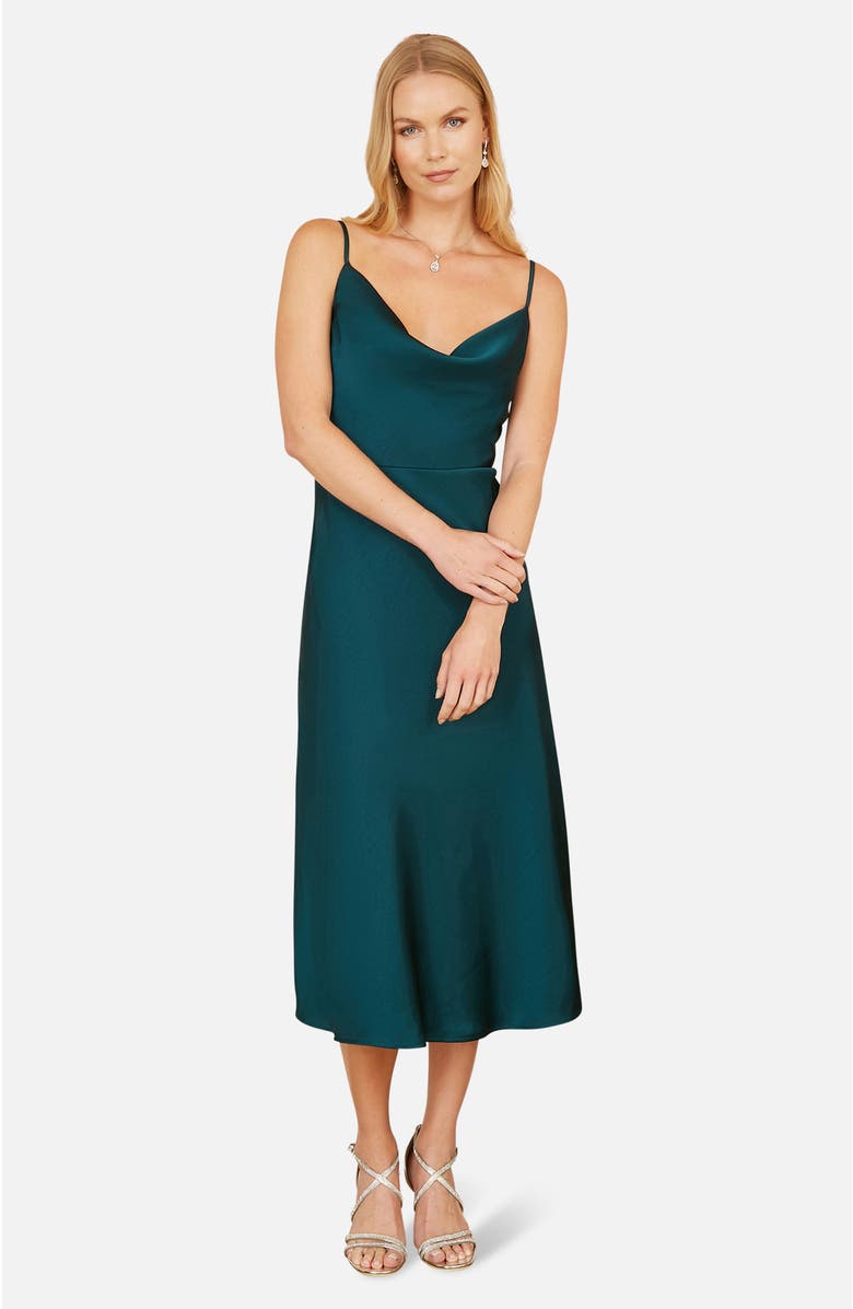Yumi Satin Cowl Neck Midi Dress, Main, color, Green
