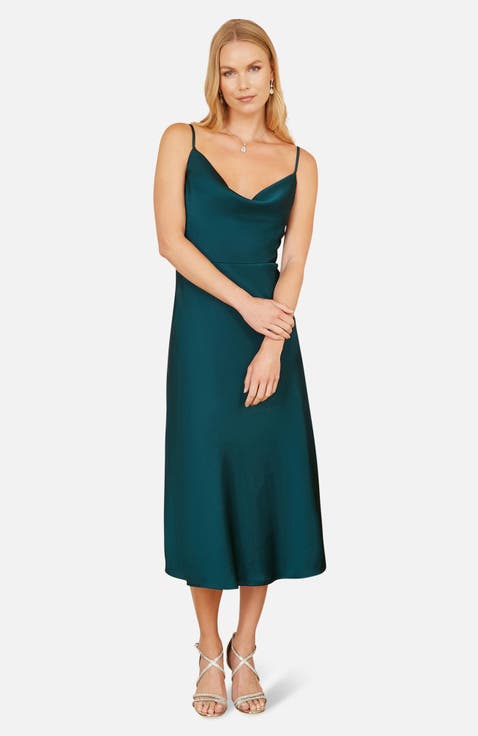 Satin Cowl Neck Midi Dress