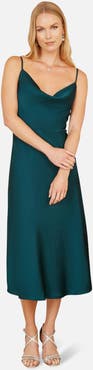 Yumi Satin Cowl Neck Midi Dress