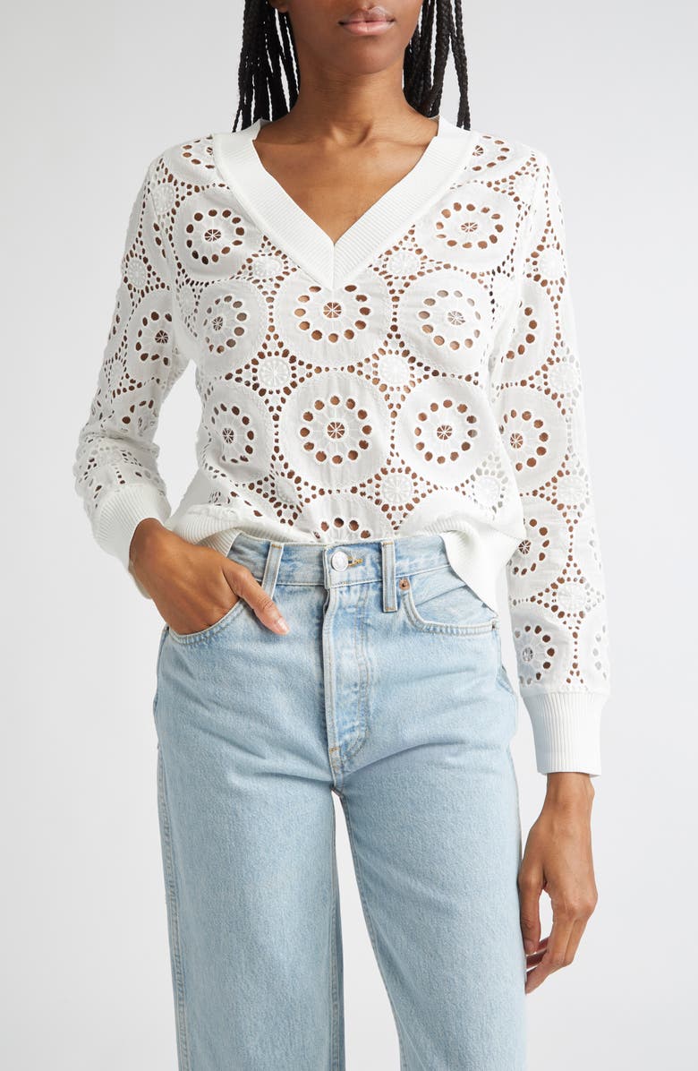 Milly Embroidered Eyelet Cotton V-Neck Top, Main, color, 