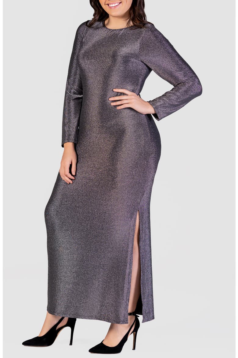 Shimmery Long Sleeve Maxi Dress, Alternate, color, SILVER