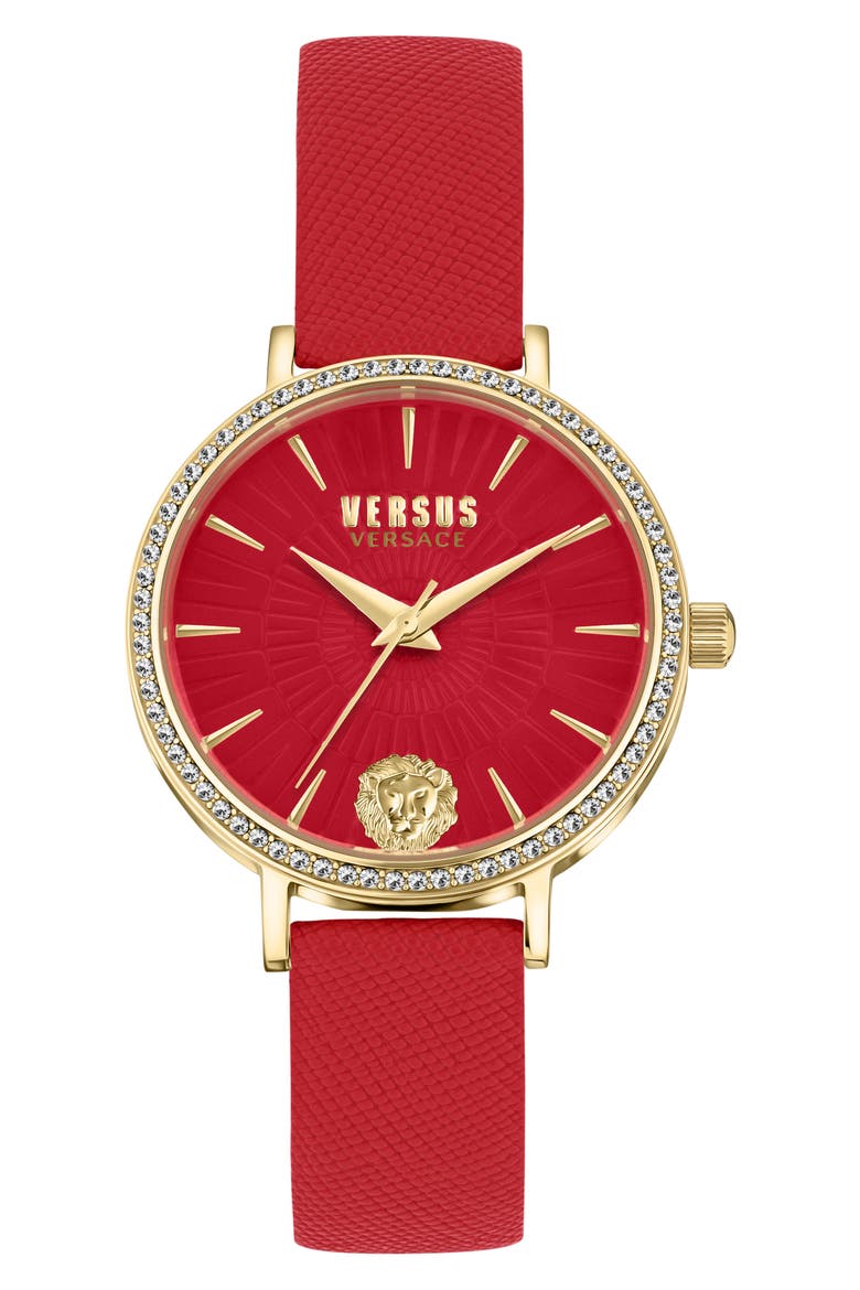 Mar Vista Leather Strap Watch, 34mm, Main, color, IP YELLOW GOLD