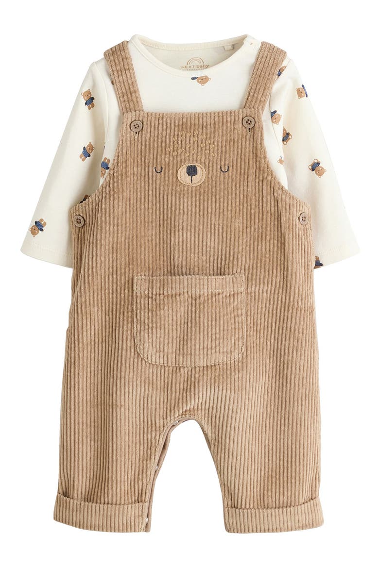 Bear Long Sleeve Bodysuit & Corduroy Overalls Set, Main, color, BROWN