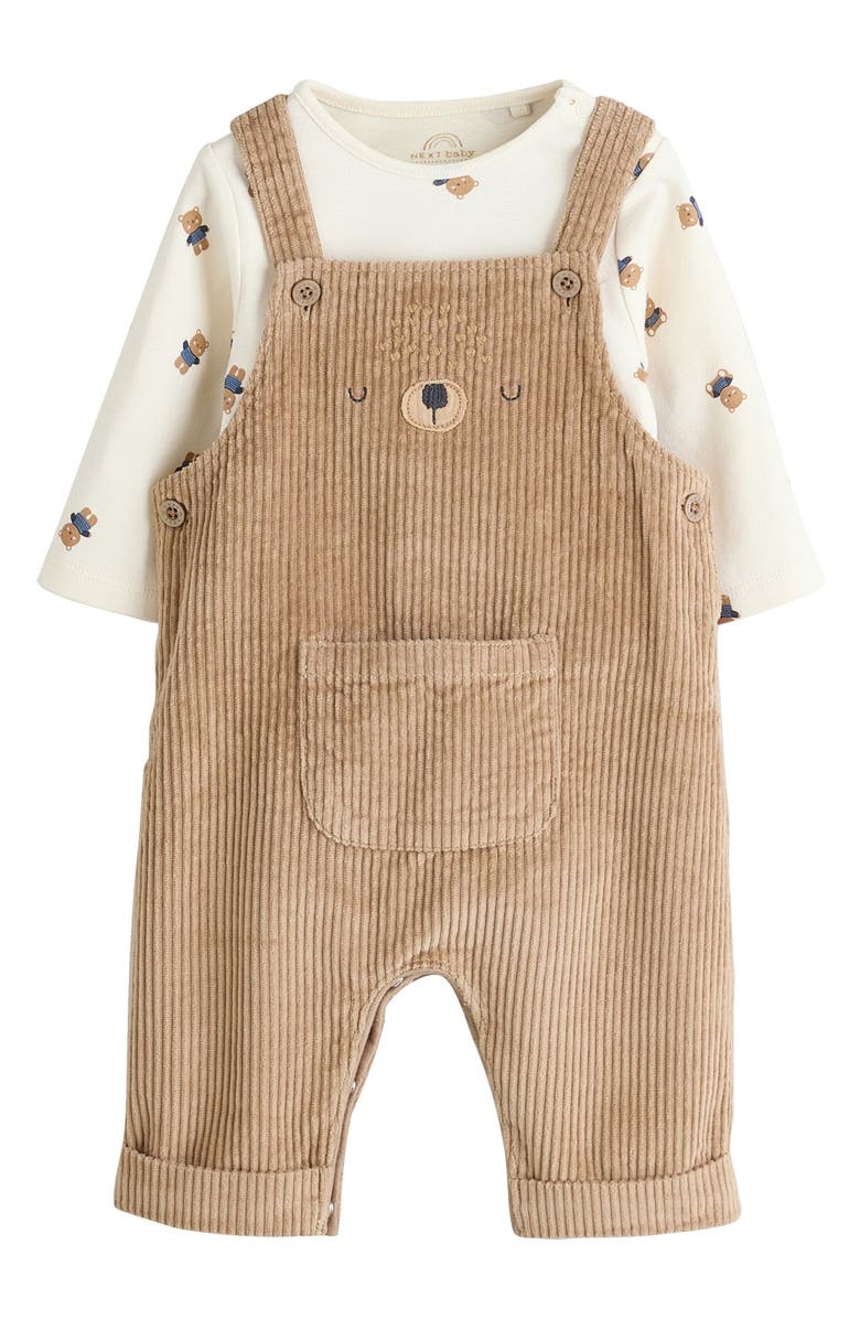 NEXT Bear Long Sleeve Bodysuit & Corduroy Overalls Set, Main, color, Brown