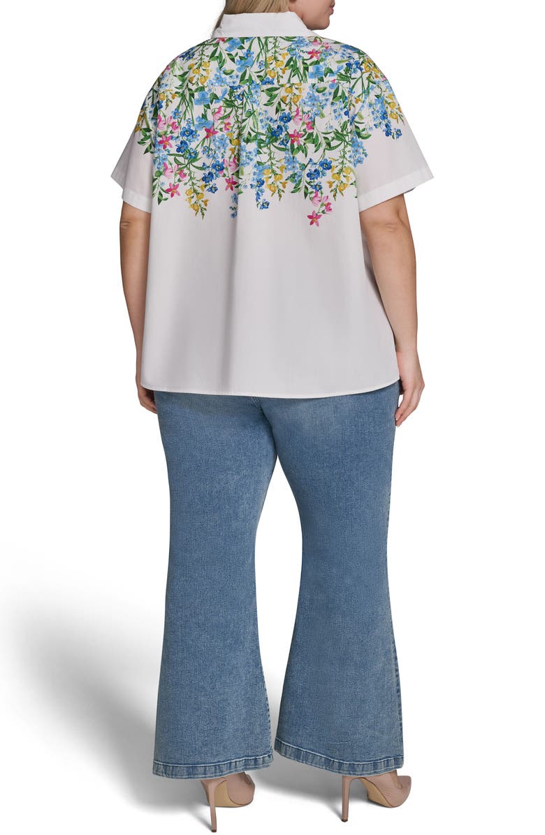KARL LAGERFELD PARIS Placed Floral Short Sleeve Cotton Sateen Button-Up Shirt, Alternate, color, Soft White Combo