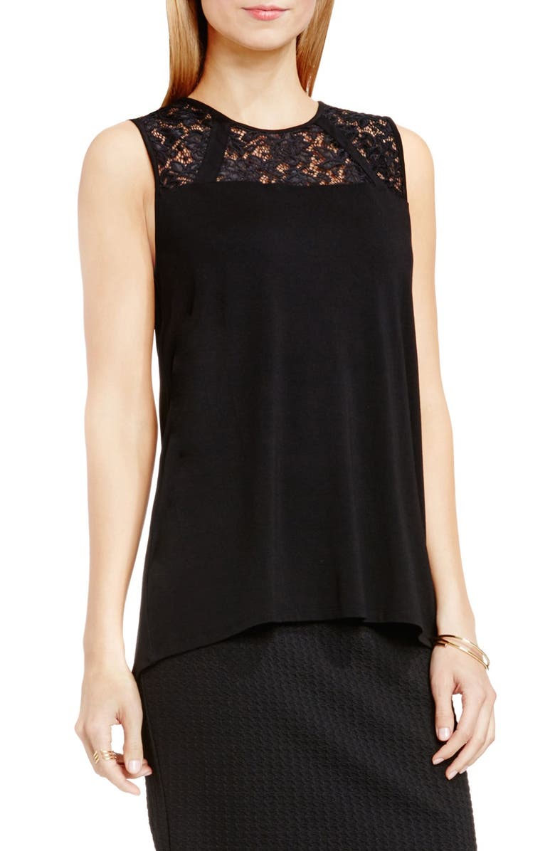 Vince Camuto Lace Yoke Sleeveless Jersey Top, Main, color,
