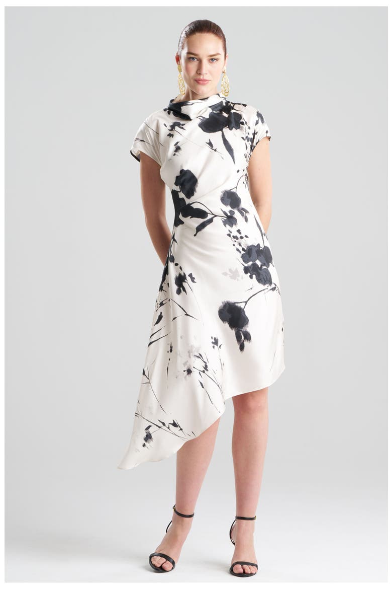 Nara Silk Twill Asymmetric Pleated Dress, Main, color, BLACK/WHITE