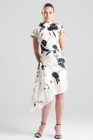 Natori Nara Silk Twill Asymmetric Pleated Dress