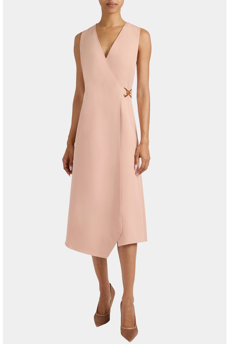 Ursa Sleeveless Faux Wrap Dress with Metal Buckle in Stretch Crepe, Main, color, PEACH WHIP