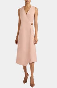 Santorelli Ursa Sleeveless Faux Wrap Dress with Metal Buckle in Stretch Crepe