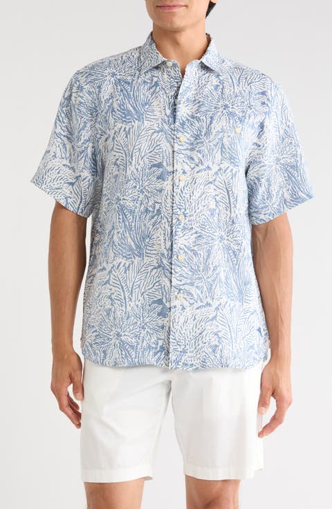 Antigo Vines Leaf Print Short Sleeve Linen Button-Up Shirt