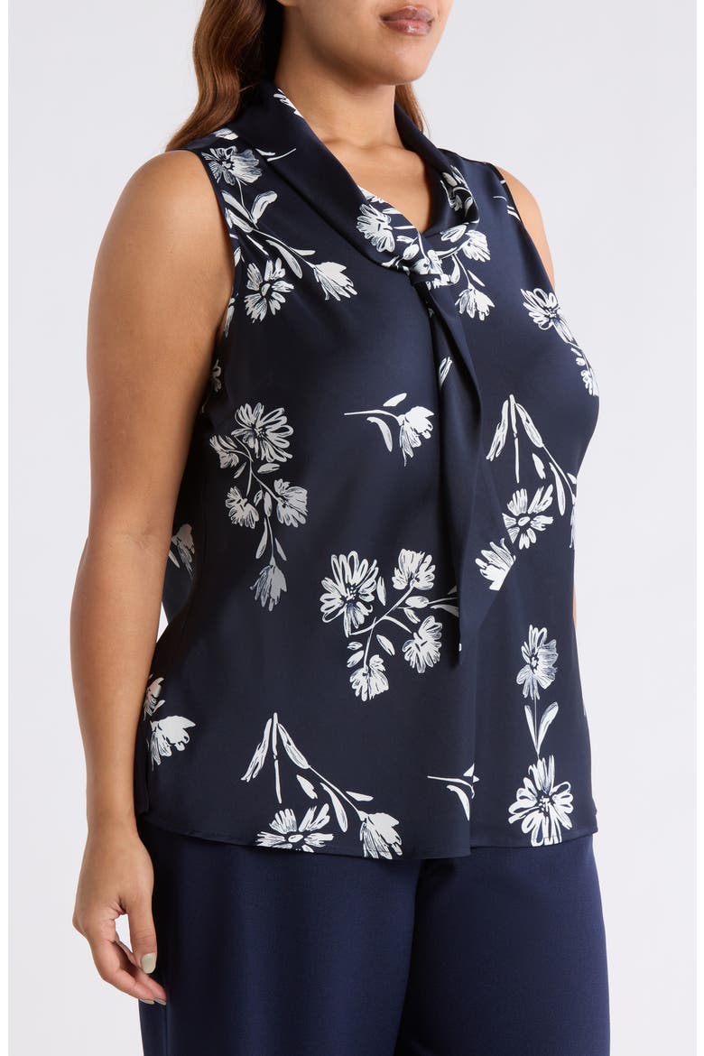 Floral Tie Neck Sleeveless Satin Top, Alternate, color, NAVY IVORY