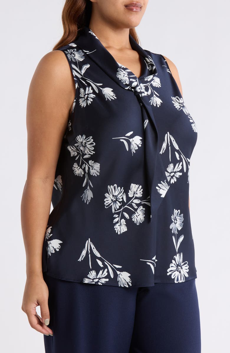 Tahari ASL Floral Tie Neck Sleeveless Satin Top, Alternate, color, Navy Ivory