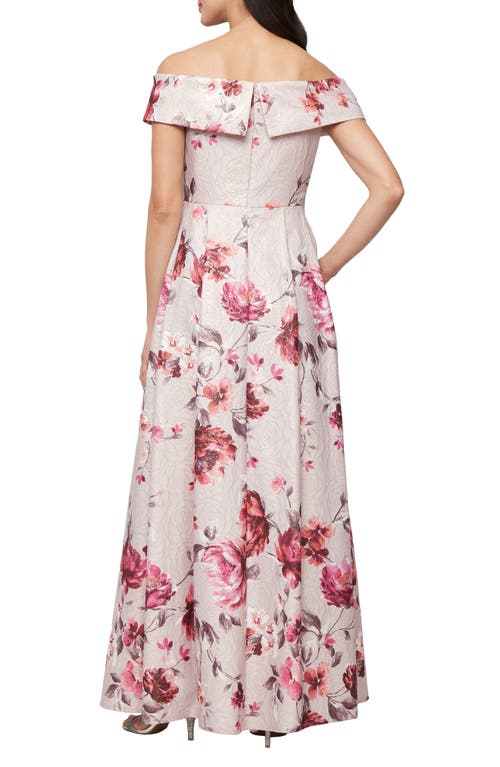 Alex Evenings Metallic Floral Jacquard Off The Shoulder Gown In Blush Multi